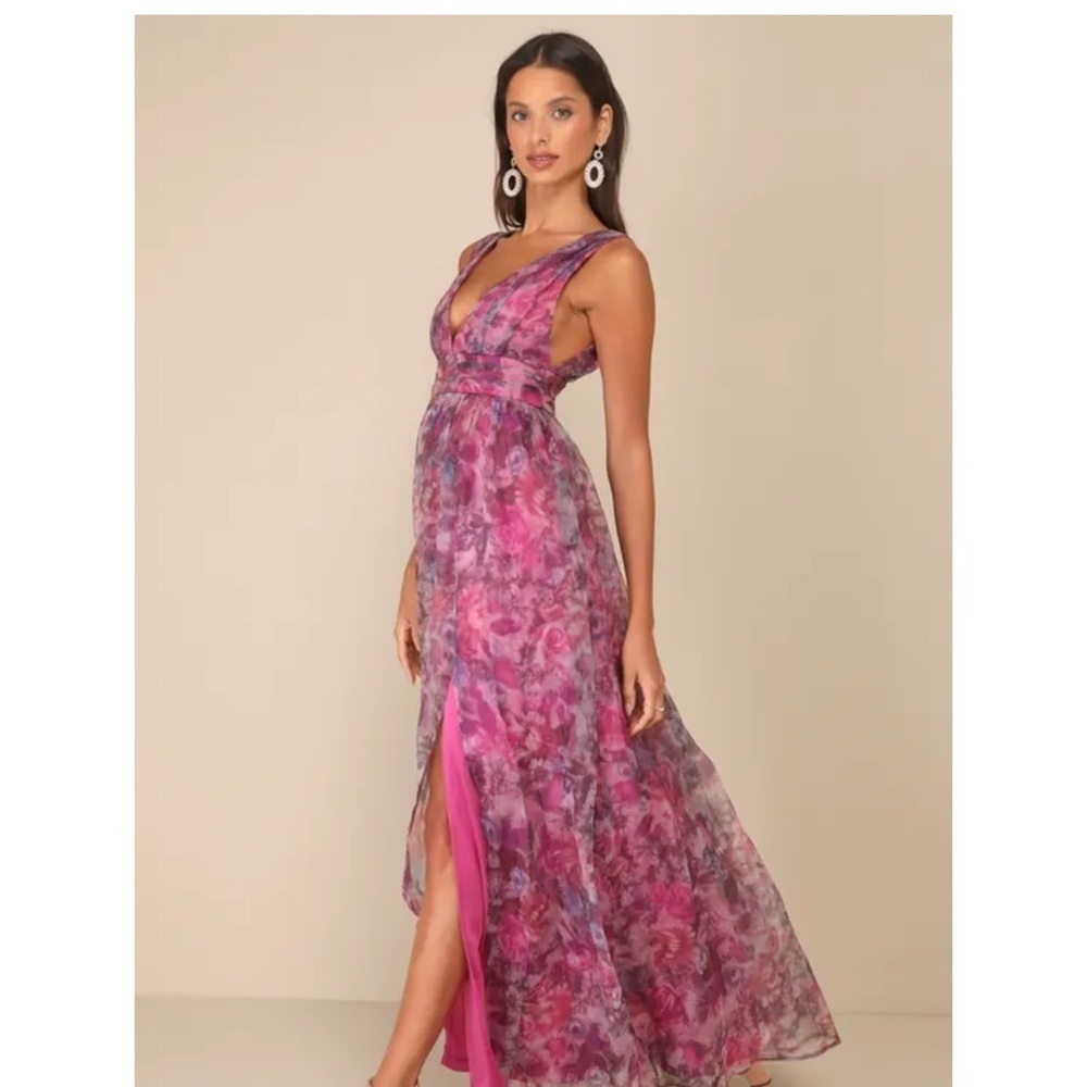 Garden Romance Magenta Floral Print Organza Maxi Dress